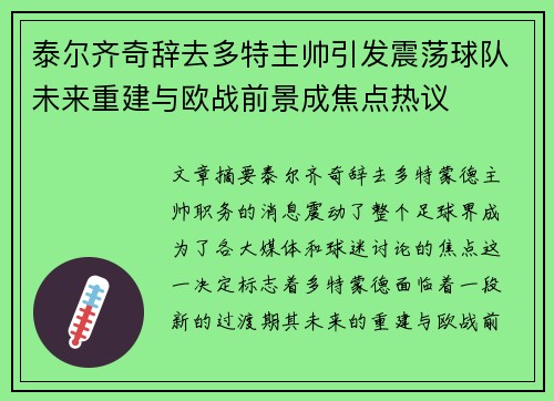 泰尔齐奇辞去多特主帅引发震荡球队未来重建与欧战前景成焦点热议